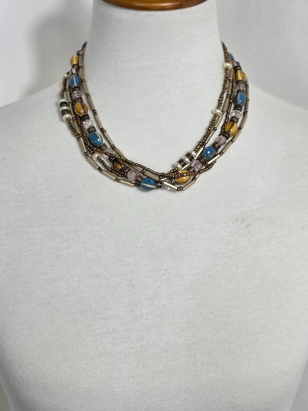 Premier Designs Multistrand Antique Gold Tone Necklace Multicolor Mixed Beads